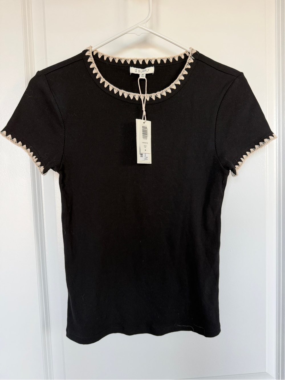 Z Supply Black Ribbed Short Sleeve Tee with Cream Scallop Trim